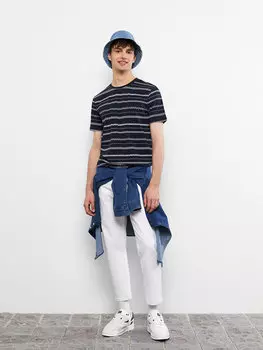 Мужская футболка из чесаного хлопка с круглым вырезом и короткими рукавами с рисунком LCW Casual, темно-синий