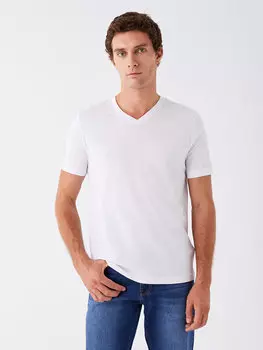 Мужская футболка из чесаного хлопка с V-образным вырезом и короткими рукавами LCWAIKIKI Classic, буксе белый
