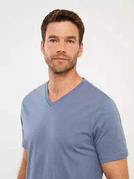Мужская футболка из чесаного хлопка с V-образным вырезом и короткими рукавами LCWAIKIKI Classic, светлый индиго