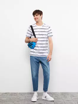 Мужская футболка из чесаного хлопка в полоску с круглым вырезом и короткими рукавами LCW Casual, буксе белый