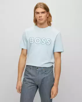 Мужская футболка из хлопка стрейч с контрастным логотипом Boss Orange, синий