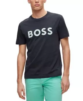 Мужская футболка из хлопкового джерси с круглым вырезом и принтом логотипа boss Hugo Boss, темно-синий