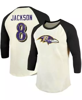 Мужская футболка Lamar Jackson Cream, Black Baltimore Ravens в винтажном стиле с именем игрока и номером реглан, рукав 3/4 Fanatics