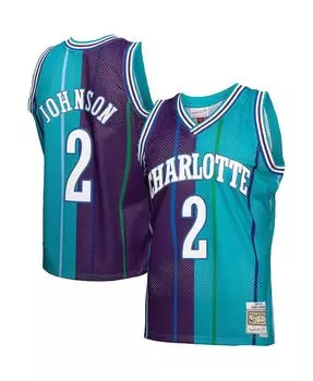 Мужская футболка larry johnson teal, purple charlotte hornets hardwood classics 1992-93 split swingman jersey Mitchell & Ness, мульти