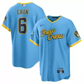 Мужская футболка Lorenzo Cain Powder Blue Milwaukee Brewers 2022 City Connect Replica Player Nike