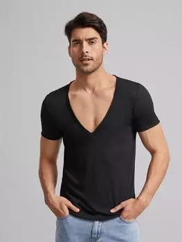 Мужская футболка Manfinity Homme, однотонная, с V-образным вырезом, черный цвет