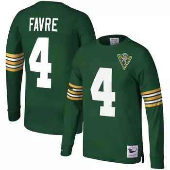 Мужская футболка Mitchell & Ness Brett Favre Green Green Bay Packers 1994, имя и номер игрока, вышедшего на пенсию, с длинным рукавом