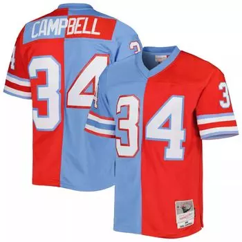 Мужская футболка Mitchell & Ness Earl Campbell красная/голубая Хьюстон Ойлерз Gridiron Classics 1980 Split Legacy Replica Jersey