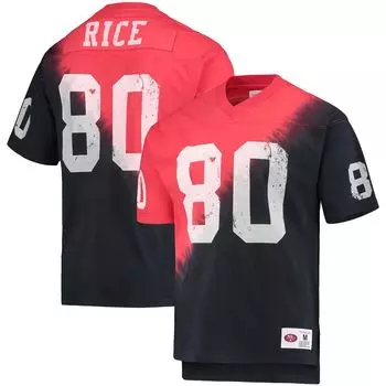 Мужская футболка Mitchell & Ness Jerry Rice, черная/красная, San Francisco 49ers, имя и номер игрока в отставке, диагональная футболка с V-образным вырезом и узором тай-дай