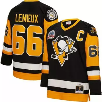 Мужская футболка Mitchell & Ness Mario Lemieux Black Pittsburgh Penguins Big & Tall 1991 с капитанской нашивкой Blue Line Player