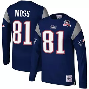 Мужская футболка Mitchell & Ness Randy Moss Navy New England Patriots 2009 с именем и номером игрока, вышедшего на пенсию, с длинным рукавом