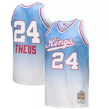 Мужская футболка Mitchell & Ness Reggie Theus белого/голубого цвета Sacramento Kings 1985/86 Hardwood Classics Fadeaway Swingman Player