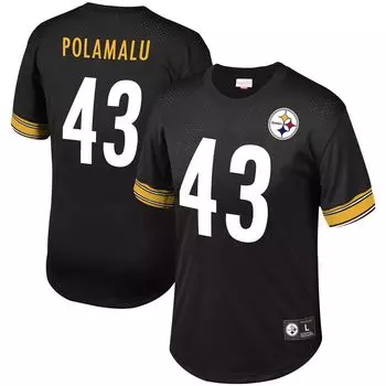 Мужская футболка Mitchell & Ness Troy Polamalu Black Pittsburgh Steelers с именем и номером игрока в сетку
