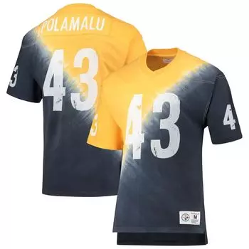 Мужская футболка Mitchell & Ness Troy Polamalu Gold/Black Pittsburgh Steelers с именем и номером игрока в отставке, диагональная футболка с V-образным вырезом и узором тай-дай