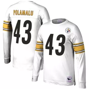Мужская футболка Mitchell & Ness Troy Polamalu White Pittsburgh Steelers 2007 с именем и номером игрока, вышедшего на пенсию, с длинным рукавом