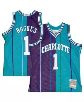 Мужская футболка muggsy bogues teal, purple charlotte hornets hardwood classics 1992-93 split swingman jersey Mitchell &amp; Ness, мульти