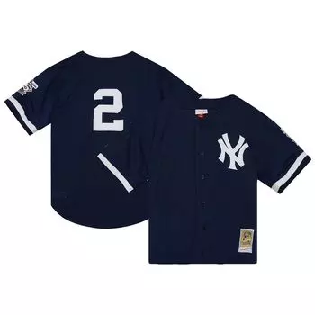 Мужская футболка на пуговицах Mitchell & Ness Derek Jeter темно-синего цвета New York Yankees Cooperstown Collection, сетчатый тренировочный трикотаж на пуговицах