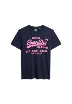 Мужская футболка Neon Vintage Logo Tee, хлопок, круглый вырез, логотип, однотонная Superdry., темно-синий