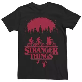 Мужская футболка Netflix Stranger Things Group Shot Bike Ride Upside Down Silhouette Licensed Character, черный
