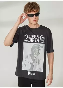 Мужская футболка оверсайз антрацитового цвета с принтом Tupac Never Say Never