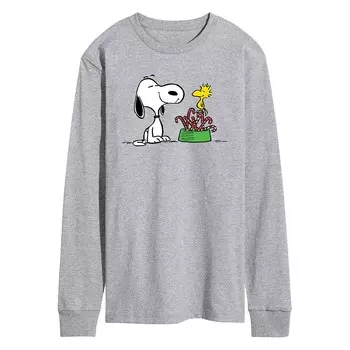 Мужская футболка Peanuts Snoopy & Woodstock Candy Canes с длинными рукавами и рисунком Licensed Character, цвет Heather Gray