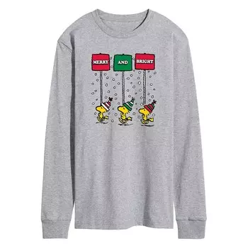 Мужская футболка Peanuts Woodstock Merry & Bright с рисунком с длинными рукавами Licensed Character, цвет Heather Gray