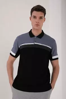 Мужская футболка поло с воротником-поло на пуговицах в полоску цвета бензина TOMMYLIFE