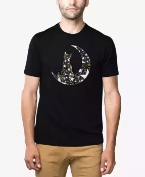 Мужская футболка премиум-класса с принтом "Cat Sitting On Moon" и художественным текстом LA Pop Art, черный