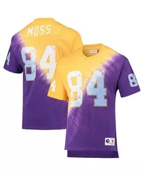Мужская футболка randy moss gold, purple minnesota vikings с именем и номером вышедшего на пенсию игрока с диагональным принтом тай-дай и v-образным вырезом Mitchell & Ness, мульти
