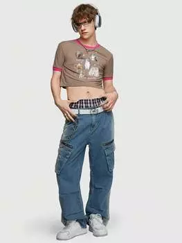 Мужская футболка ROMWE Anime, мультяшный рисунок, цветные блоки, короткая укороченная отделка, коричневый цвет