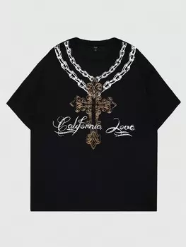 Мужская футболка ROMWE Street Life с цепочкой, узором в виде креста и букв, черный цвет