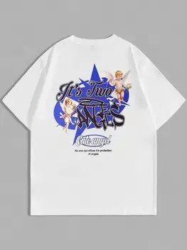 Мужская футболка ROMWE Street Life с коротким рукавом и принтом ангела, подходящая для повседневной носки весной и летом, белый цвет