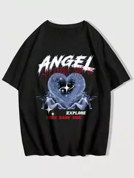 Мужская футболка ROMWE Street Life, винтажная, с крыльями ангела и буквенным узором, круглый вырез, черный цвет