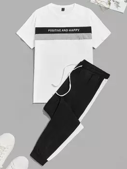 Мужская футболка с буквенным принтом и спортивными штанами с цветными блоками по бокам, пижамный комплект Shein, черно-белый