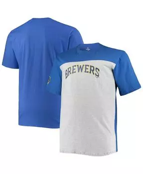 Мужская футболка с цветными блоками milwaukee brewers big and tall, фирменная королевская и меланжевая серая с фирменной символикой Fanatics, мульти