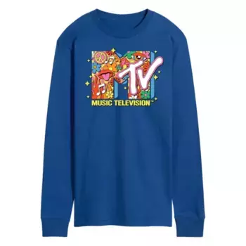 Мужская футболка с длинным рукавом и ретро-коллажем MTV Licensed Character, синий