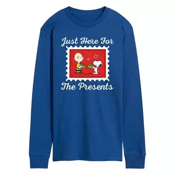 Мужская футболка с длинными рукавами и рисунком Peanuts Just Here For The Presents Licensed Character, синий