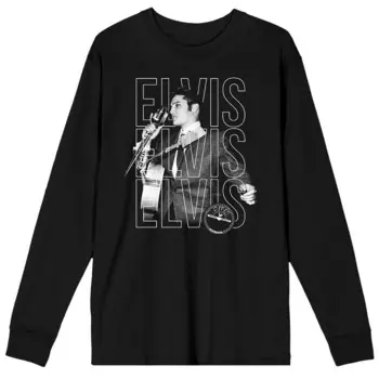Мужская футболка с длинными рукавами и рисунком Sun Records Elvis Повтор Licensed Character, черный