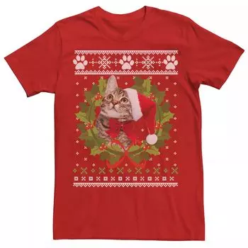 Мужская футболка с графическим рисунком Santa Cat Inside Wreath Pawprint Licensed Character