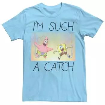 Мужская футболка с изображением Губки Боба I'm such a Catch с портретом Licensed Character, светло-синий