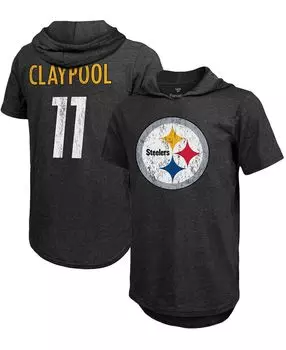 Мужская футболка с капюшоном chase claypool heathered black pittsburgh steelers с именем и номером tri-blend Fanatics, черный