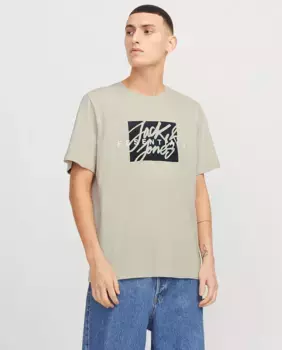 Мужская футболка с коротким рукавом и круглым вырезом и логотипом спереди Jack & Jones, бежевый