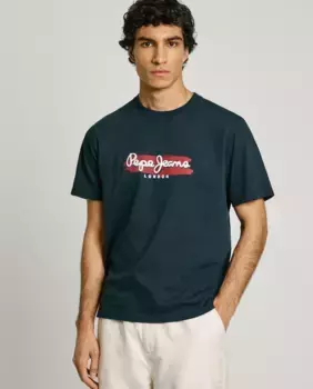 Мужская футболка с коротким рукавом и напечатанным логотипом Pepe Jeans, тёмно-синий