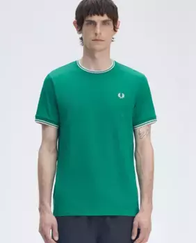 Мужская футболка с коротким рукавом и отделкой в две полоски Fred Perry, зеленый