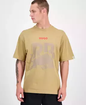 Мужская футболка с коротким рукавом оверсайз и принтом "Bull" в стиле Fanwear, постиранная для эффекта состаренности Hugo Boss, коричневый/бежевый