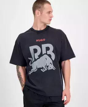 Мужская футболка с коротким рукавом оверсайз и принтом "Bull" в стиле Fanwear, постиранная для эффекта состаренности Hugo Boss, черный