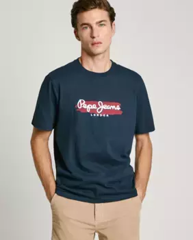 Мужская футболка с короткими рукавами и принтом логотипа Pepe Jeans, темно-синий