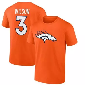 Мужская футболка с логотипом Russell Wilson оранжевого цвета Denver Broncos со значком игрока, именем и номером Fanatics