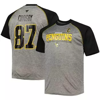 Мужская футболка с логотипом Sidney Crosby Heather Grey/Black Pittsburgh Penguins Big & Tall Contrast реглан с именем и номером Fanatics
