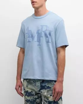 Мужская футболка с логотипом в шахматном порядке и кристаллами Amiri, цвет Ashley Blue